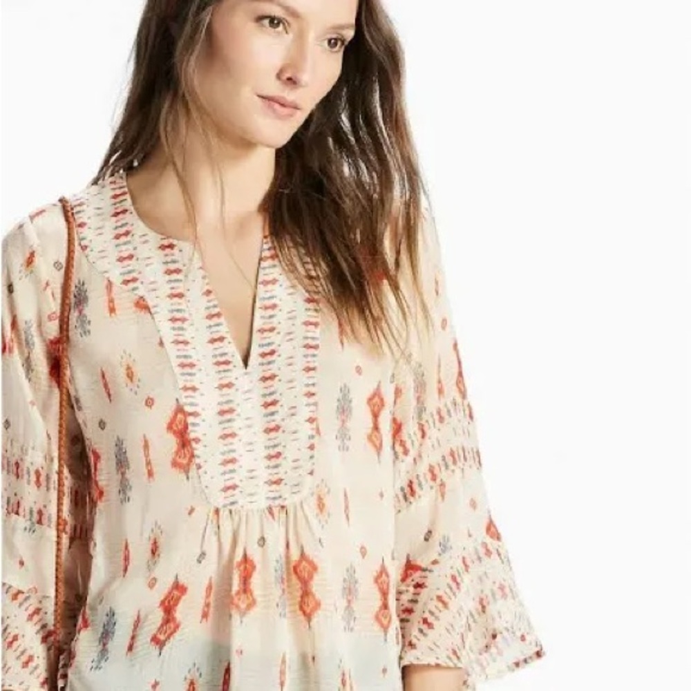 Lucky Brand Aztec Tribal Geometric Orange Boho Top 3/4 Sleeve Peasant Shirt 2XL